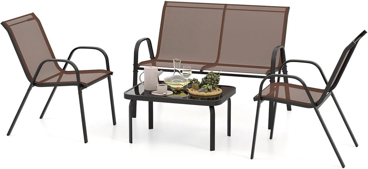 KOMFOTTEU 4-delige balkonset, tuinmeubelset voor 4 personen, tuingarnituur met 2 stoelen, 1 bank en 1 salontafel, terrasmeubelset, zitmeubelen voor balkon, binnenplaats
