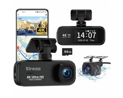 Sireza® D3 - Dashcam - Dashcam Voor Auto - Dual Dashcam - Ultra 4K & UHD - Voor en Achter Camera - WiFi - 2 inch met App - GPS live locatie + snelheid - 64GB SD Kaart - Loop Opname - G Sensor -mini koevoet - NL/FR/ENG Handleiding + NL Systeem