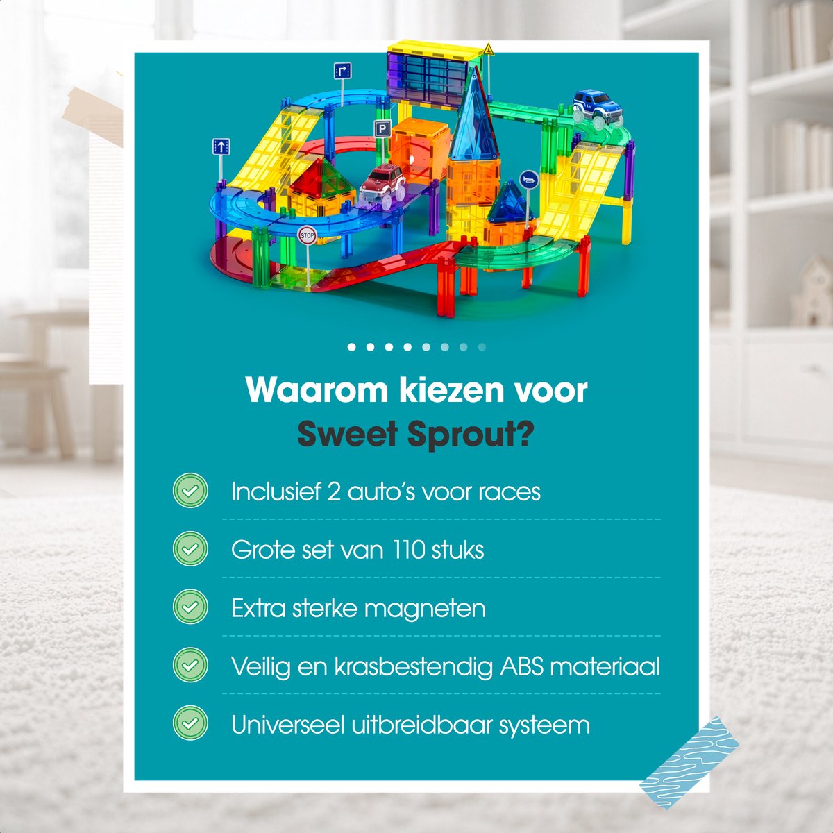 Magnetic tiles racebaan - 110 stuks - Magnetische tegels - Speelgoed - Travel set - Constructiespeelgoed - Magneet tegels - Montessori - Met 2 magna auto's — afbeelding 6