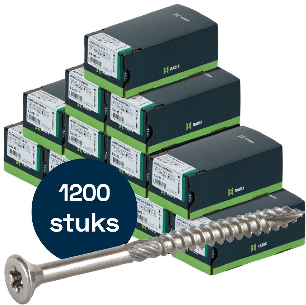 Radix Torx 30 Spaanplaatschroef - Platkop + Snijpunt - 6,0 x 80mm/42 - RVS - Deeldraad (1200 stuks) VOLLE DOOS!