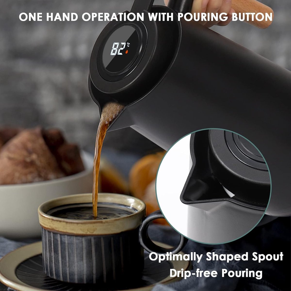 Dreamhigh® Thermoskan 1 Liter - Thermoskan voor Koffie - 100% Lekvrije Thermoskan - Roestvrij Staal - Warme en Koude Dranken - voor Thee - Melk en Koffie — cadeau in Koken & Dineren - foto 7