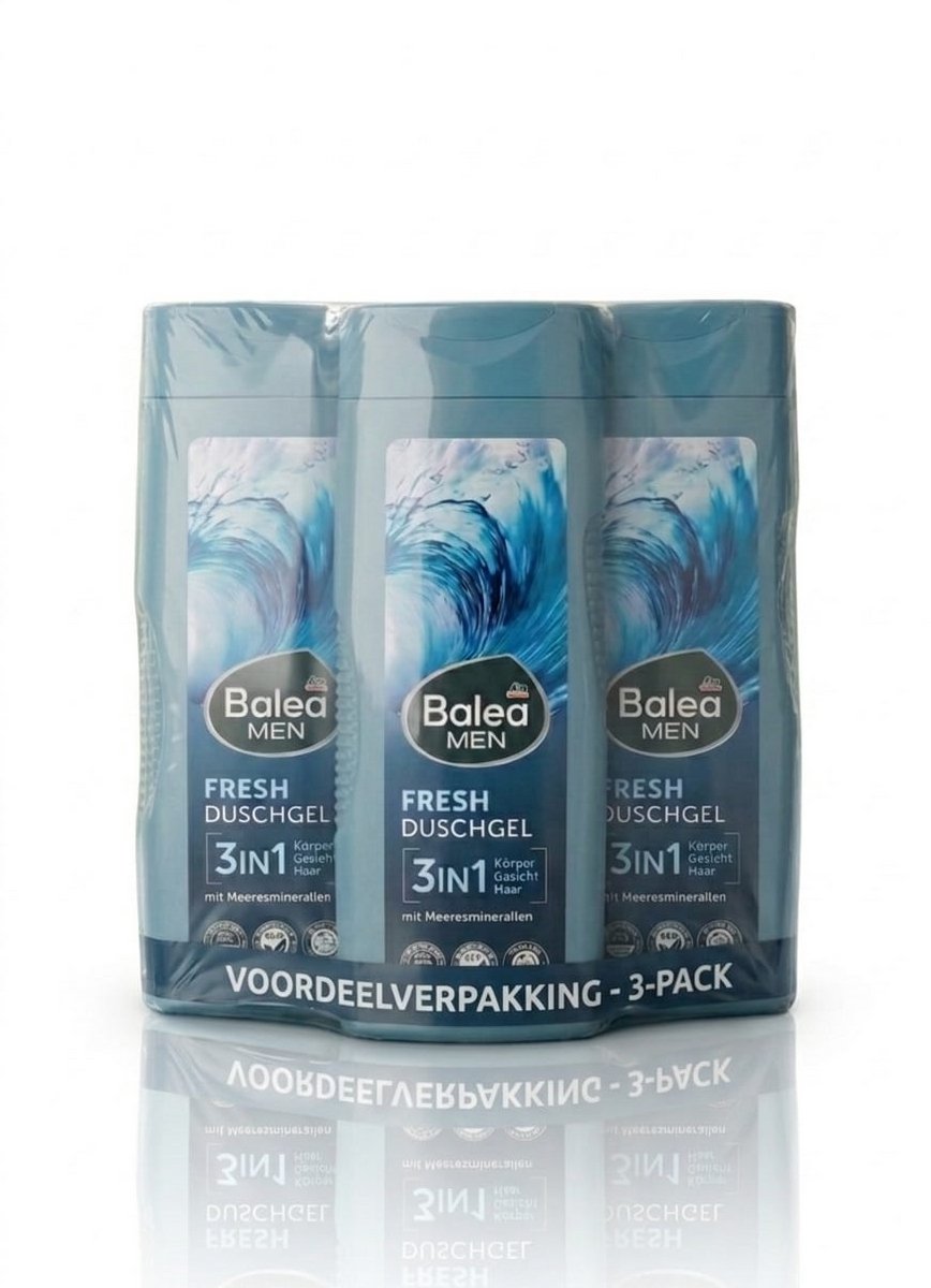 Balea Men Fresh Douchegel - 3-pack Voordeelverpakking - 3-in-1 Body, Face & Hair - Met Zee mineralen - 3 x 300ml
