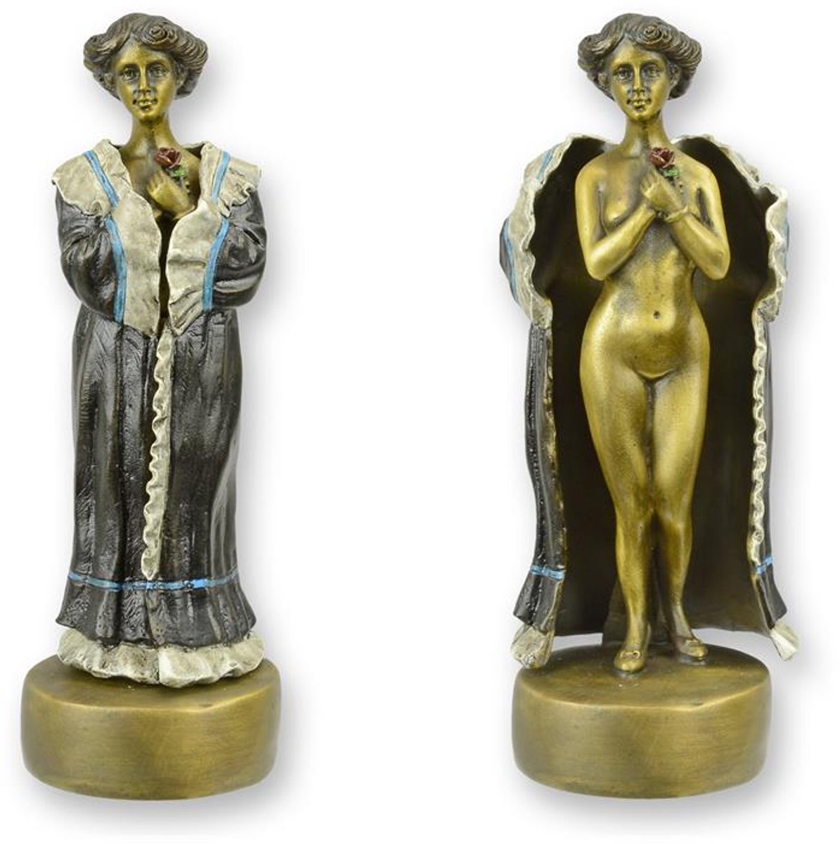 Bronzen beeld - Naakte vrouw in jas - sculptuur - 17 cm hoog