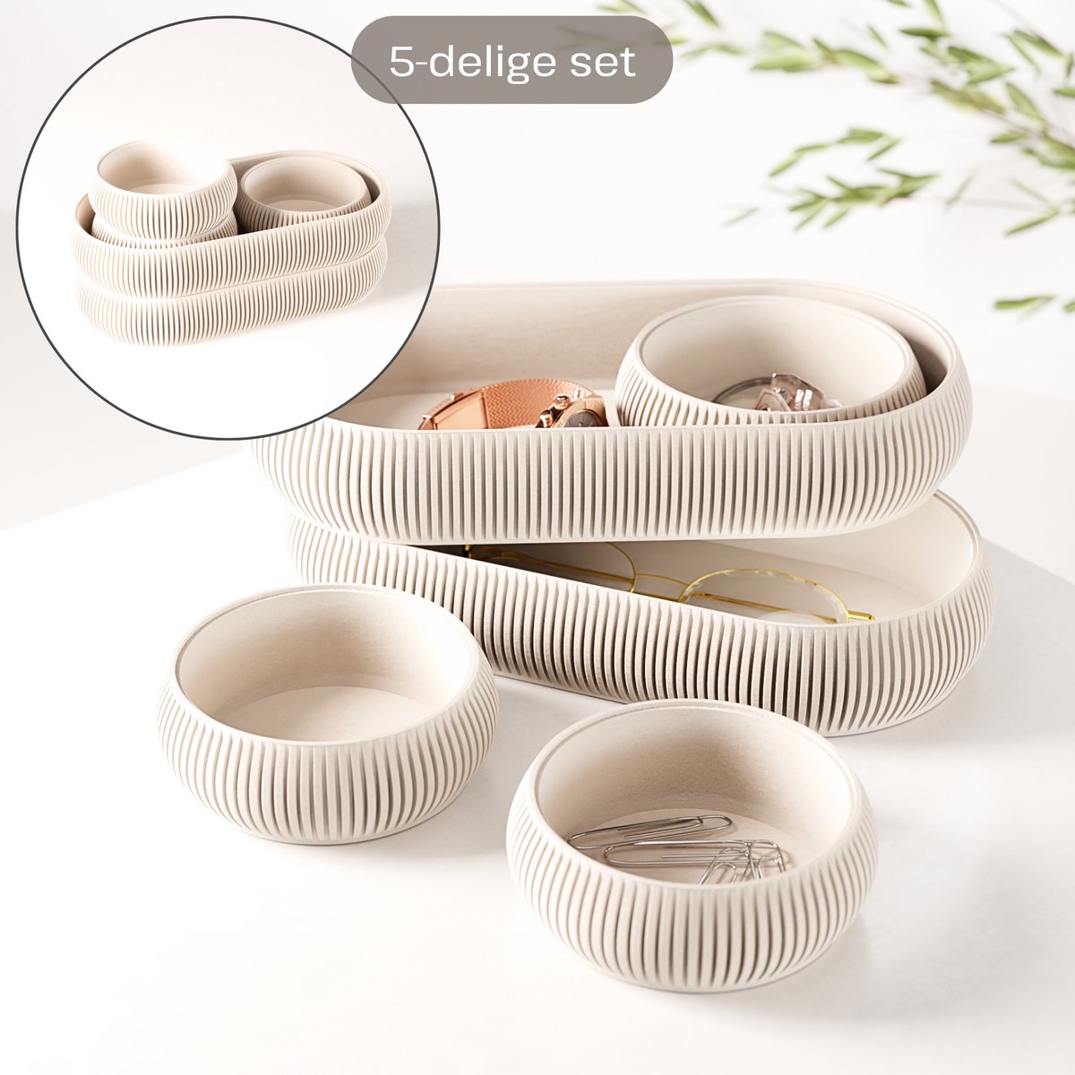 Fleuriek - Luxe catch-all trays set 5-delig - Multifunctionele opbergset voor paperclips, elastiekje, make-up en sleutels - Stapelbare organizers - Beige