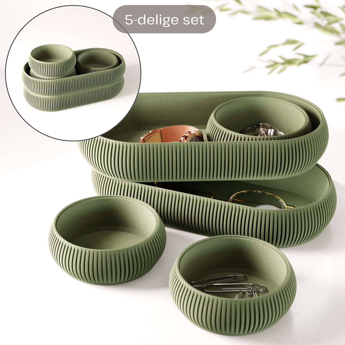 Fleuriek - Luxe catch-all trays set 5-delig - Multifunctionele opbergset voor paperclips, elastiekje, make-up en sleutels - Stapelbare organizers - Groen