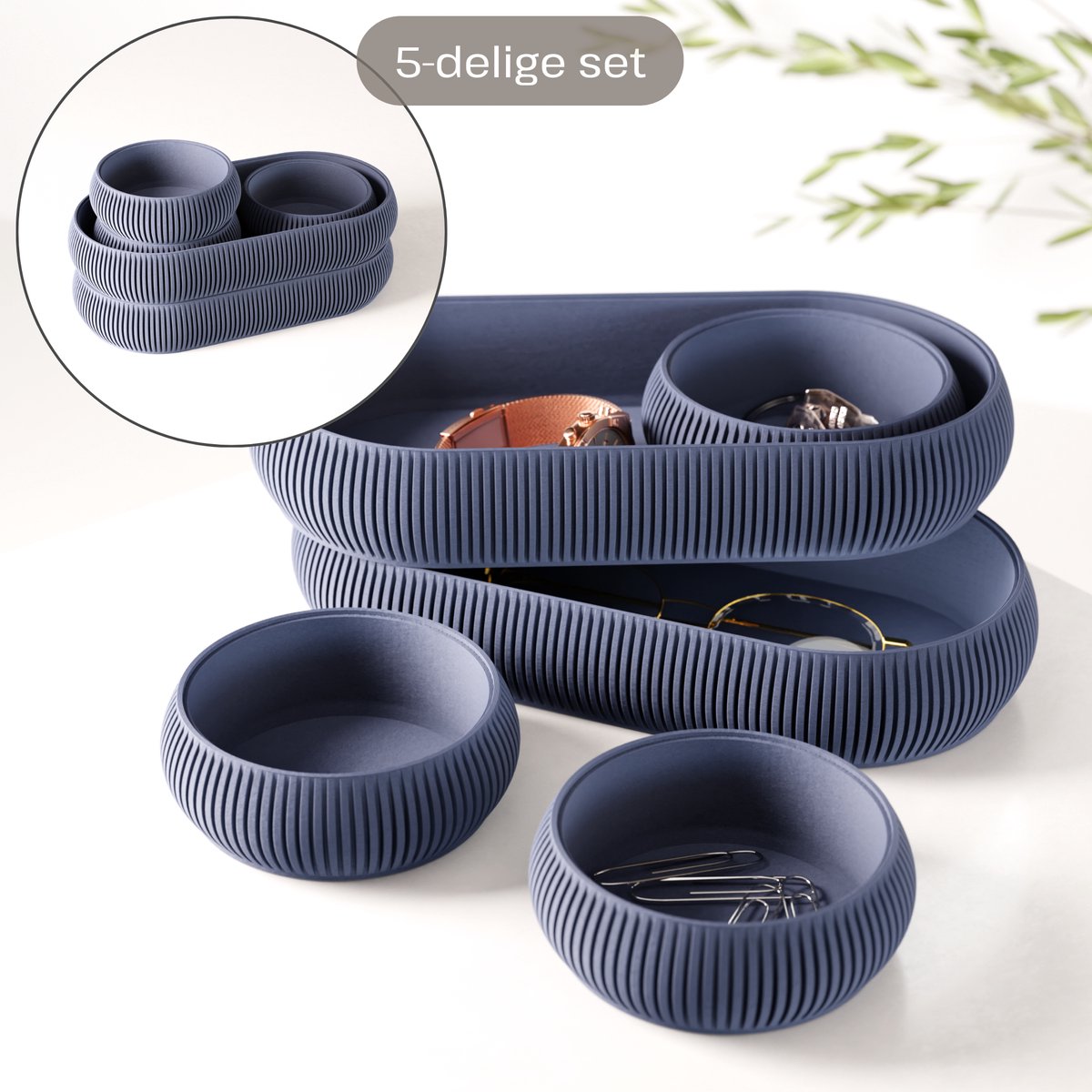 Fleuriek - Luxe catch-all trays set 5-delig - Multifunctionele opbergset voor paperclips, elastiekje, make-up en sleutels - Stapelbare organizers - Blauw