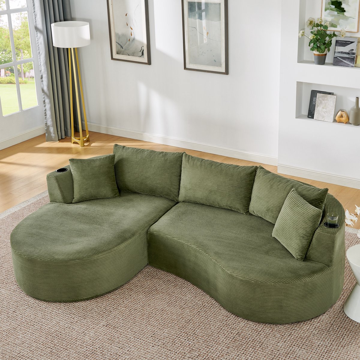 3-Zits Compressiebank, Chaise Longue Links + 2-zitsbank, Hoekbank Gebogen Ontwerp, Zachte Corduroy Stof, met Bekerhouder en Kussens, Vacuümverpakt, voor Woonkamer, Hotel, Appartement en Kantoor, Groente