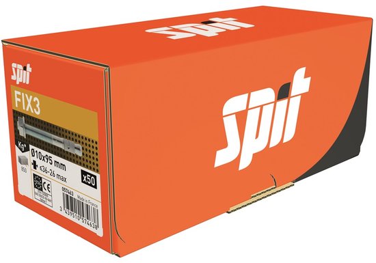 Oranje doos Spit Fix 3, met specificaties en productafbeelding.