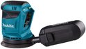 Turquoise en zwarte Makita excenterschuurmachine met losse stofopvangbak.