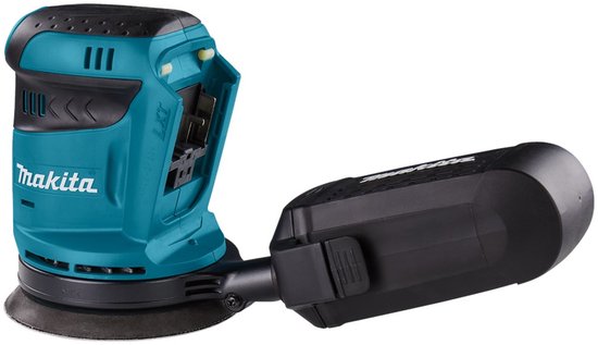 Turquoise en zwarte Makita excenterschuurmachine met losse stofopvangbak.