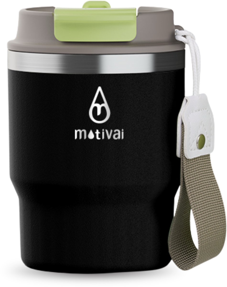 Motivai Outdoor RVS Thermosbeker To Go – 355ML – 100% Lekvrij & Dubbelwandig – Koffiebeker met Deksel & Rietje – Zwart