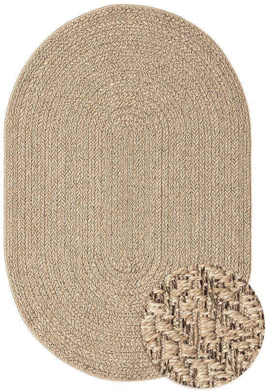 Buitentapijt met Jute Look – Ovaal met Vierkant Patroon Buin – Natuurlijke Look – Weer- & UV-bestendig-140 x 200 cm