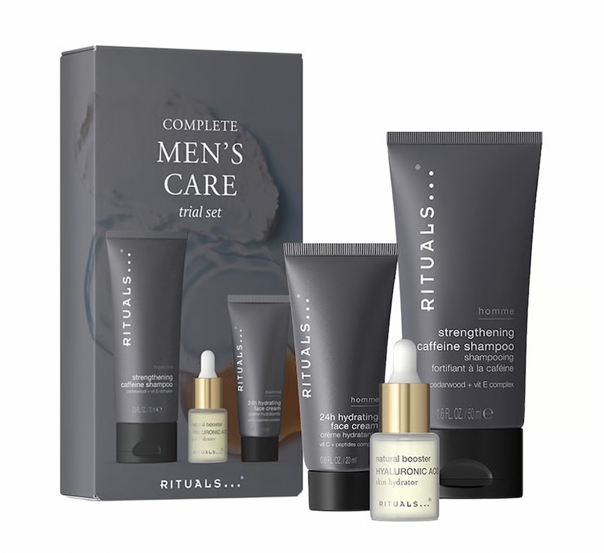 Rituals - Skincare Set voor Mannen - Hydraterende Gezichtscrème 20 ml + Natural Booster Serum 6.5 ml + Shampoo 50 ml - Giftset Man - Geschenkset - Cadeaudoos - Cadeauset - Cadeaus Heren - Dagcrème - Creme - Gezichtsverzorging - Homme Producten