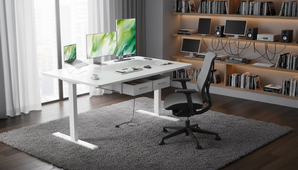 Electric Desk 140x80 cm Casa Velluto – White Height Adjustable Standing Desk with Memory Function, Built-in Power Outlet & USB-C, 2 Removable Drawers, Sit-Stand Workstation for Office, Gaming & Study