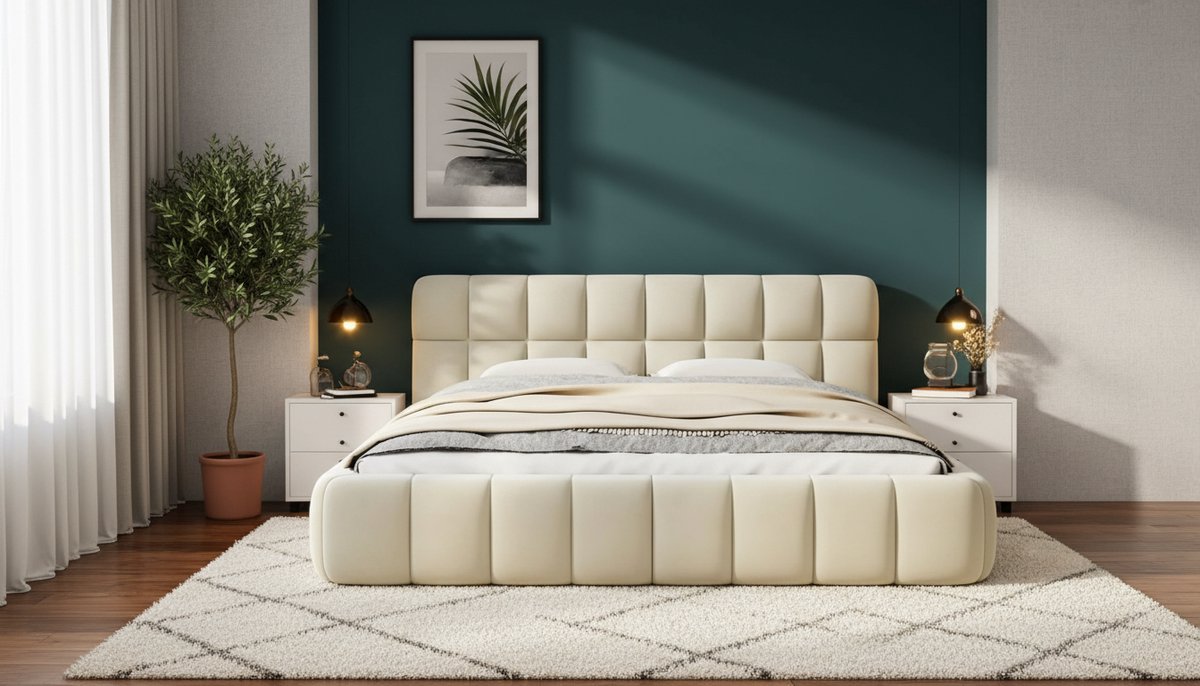 Gestoffeerd Tweepersoonsbed 140x190 met Lattenbodem en Zachte Rugleuning – Modern Linnen Bedframe met Verdiept Matrasontwerp – Comfortabel Tienerbed / Laag Bed – Beige – Casa Velluto BubbleComfort Bed