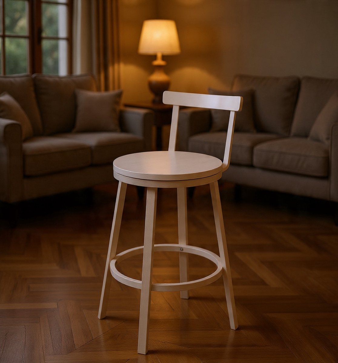 Set van 2 Hoge Barkrukken – Moderne Minimalistische Keuken- en Barstoelen – Met Lage Rugleuning, Voetensteun en E1-Hout Zitting – Wit- Casa Serena – Afmetingen op aanvraag – Casa Dorada