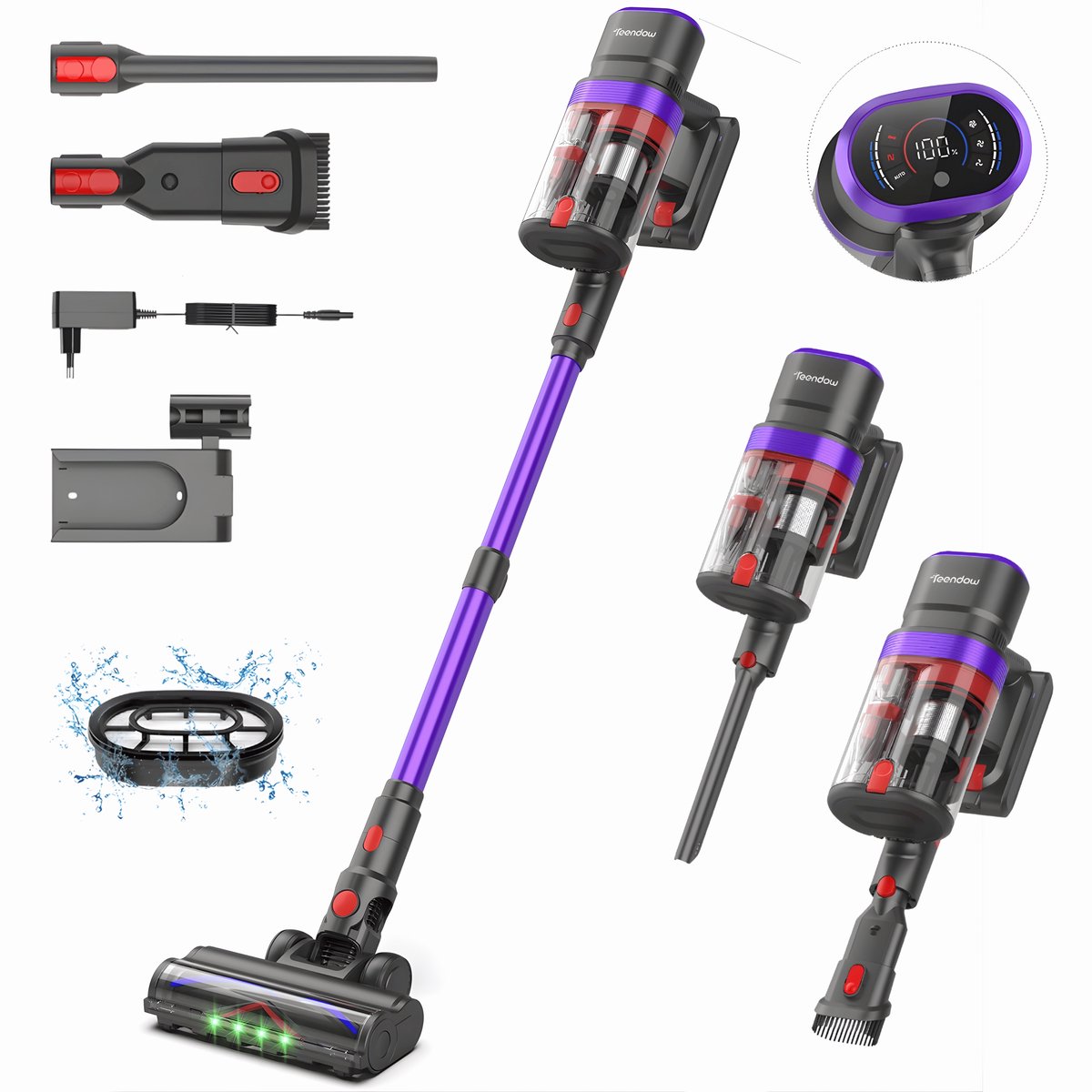 Teendow V20 Strong Steelstofzuiger Draadloos – 500W Borstelloze Motor – 40kPa – LED Touchscreen – Dubbel Stofreservoir – Groen Licht Anti-Klit Borstel – Wandhouder + Laadstation