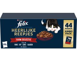 Felix Heerlijke Reepjes Farm Selectie - Kattenvoer natvoer - Rund, Kip, Eend, Kalkoen - 44 x 80g