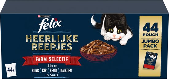 Felix Heerlijke Reepjes Farm Selectie - Kattenvoer natvoer - Rund, Kip, Eend, Kalkoen - 44 x 80g