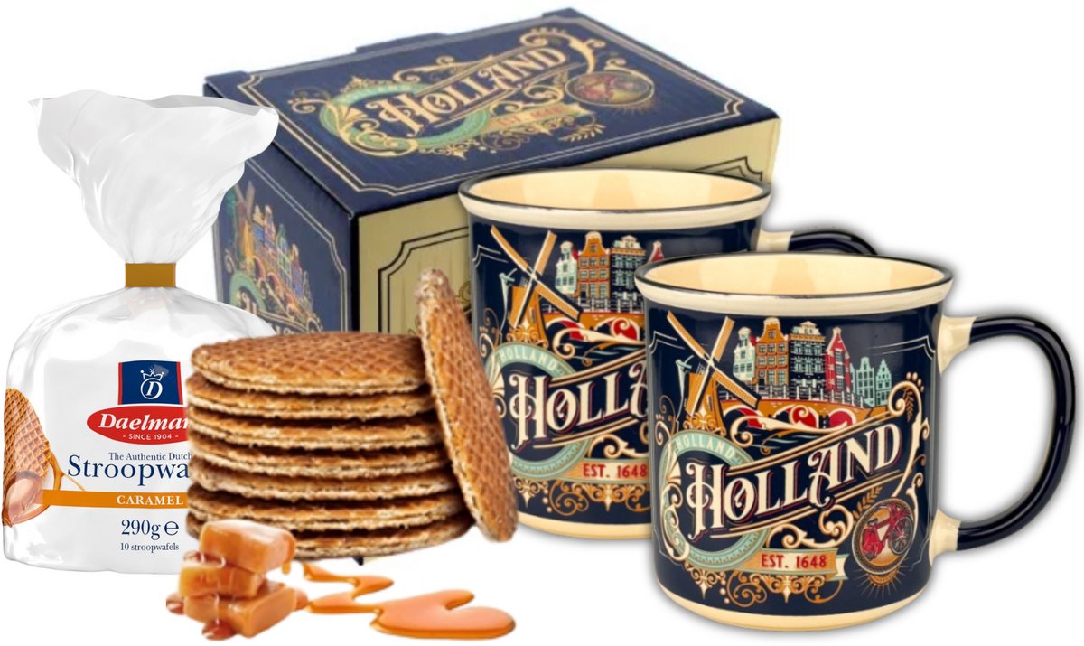 Mokken - Holland - Set van 2 - 350 ml - mét Daelmans Stroopwafels - Holland - Holland souvenir - Hollandse cadeautjes