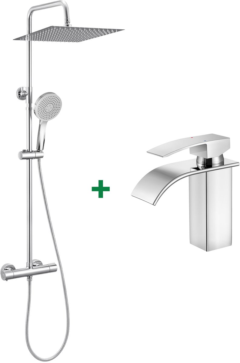 Auralum max Regendouche met Thermostaatkraan en Wastafelkraan - Doucheset - Ø 30 cm Douchekop - 5 Standen Handdouche - Compleet Regendoucheset - Inclusief thermostaatkraan - Chroom