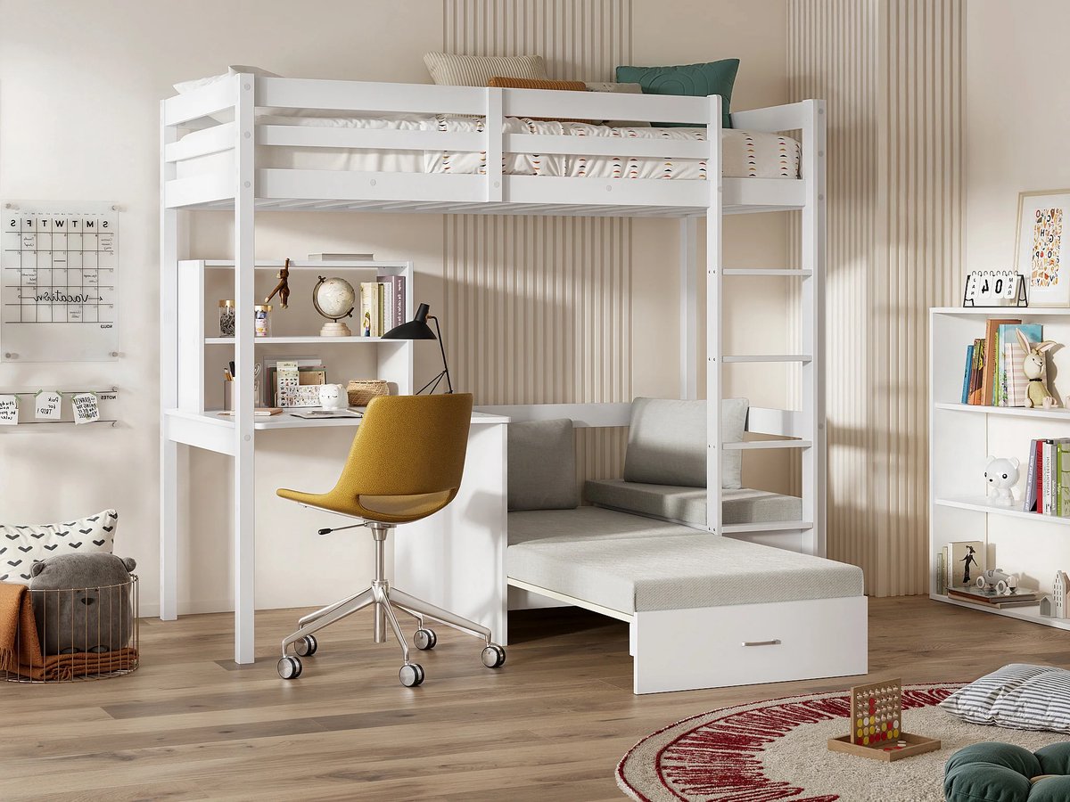 Hoogslaper met Bureau, Opbergruimte & Slaapbank 90x200 cm – Luxe Multifunctionele Kinder Hoogslaper met 27 Lattenbodem, Grenen & MDF, 120 kg Draagkracht, Wit – Goliath II – Abkantoor