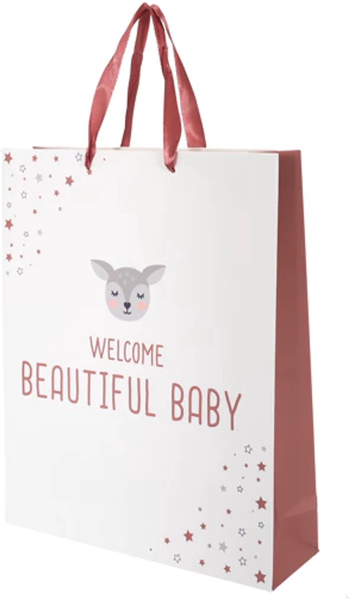 Cadeautas Groot L A4 - Baby Meisje Roze - Cadeauzak "Welcome beautiful Baby" - 27x32x8cm