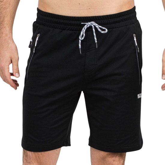 Zwarte korte sportbroek voor heren met trekkoord, ritszakken en SJS-logo.
