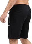 Zij-aanzicht van een zwarte korte sportbroek voor heren met ritszak en SJS-logo.