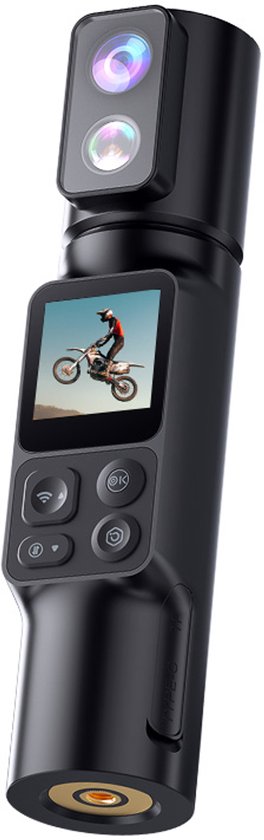 Zwarte actiecamera met dubbele lens, display met motorrijder en bedieningsknoppen.