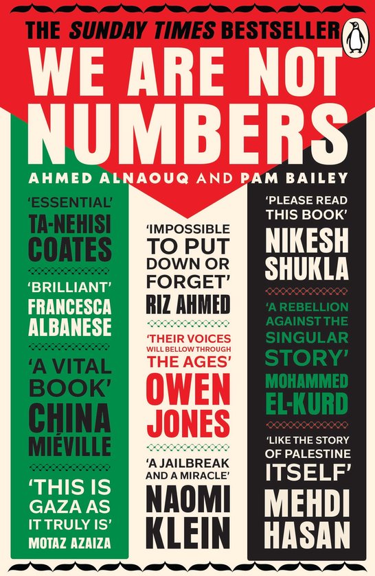 Boekomslag van 'We Are Not Numbers', een zondag Times bestseller. De tekst is zwart, rood en wit met een penguin logo.