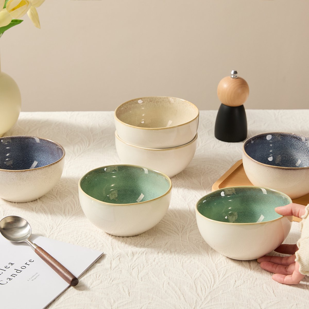 Set van 6 Kommen (Ø13,5cm / 580ml) Ontbijtkommen, Mueslikom, Dipschaaltjes, Soepkom, dubbel reactief glazuur, serviesset 6 persoons, Geschikt voor restaurants, familiefeesten, banketten en picknicks, Magnetron-vaatwasserbestendig, Keramiek — afbeelding 6