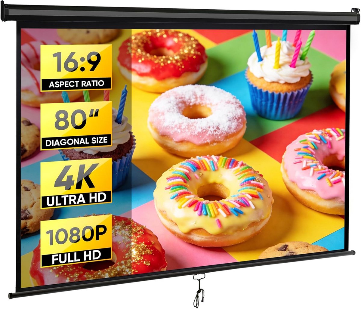 Projectiescherm 80/100 Inch 16:9 Handmatig Uitrolbaar voor Binnen en Buiten
