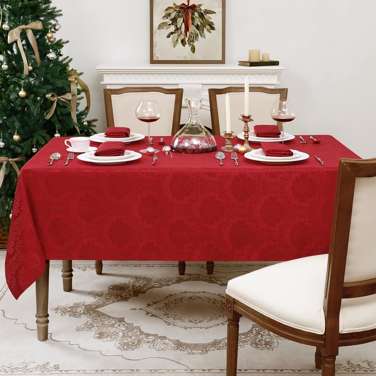 XXL Kerst Tafelkleed Rood Rechthoekig 300x150 cm Jacquard Feestelijk Afwasbaar