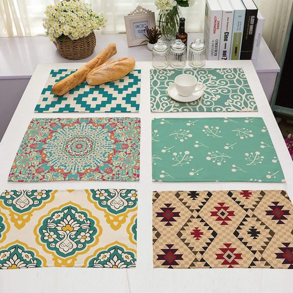 Set van 6 Placemats Katoen Linnen – Modern Bloem & Paisley Design – Tafelmatten 43x33 cm