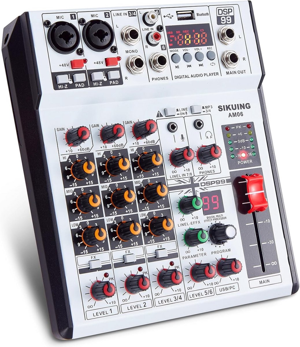 Professionele 6-Kanaals Audio Mixer met 99 DSP-Effecten, Bluetooth en USB Opname