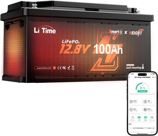 12V 100Ah 1280Wh LiFePO4 Accu met Bluetooth en Slimme Verwarming