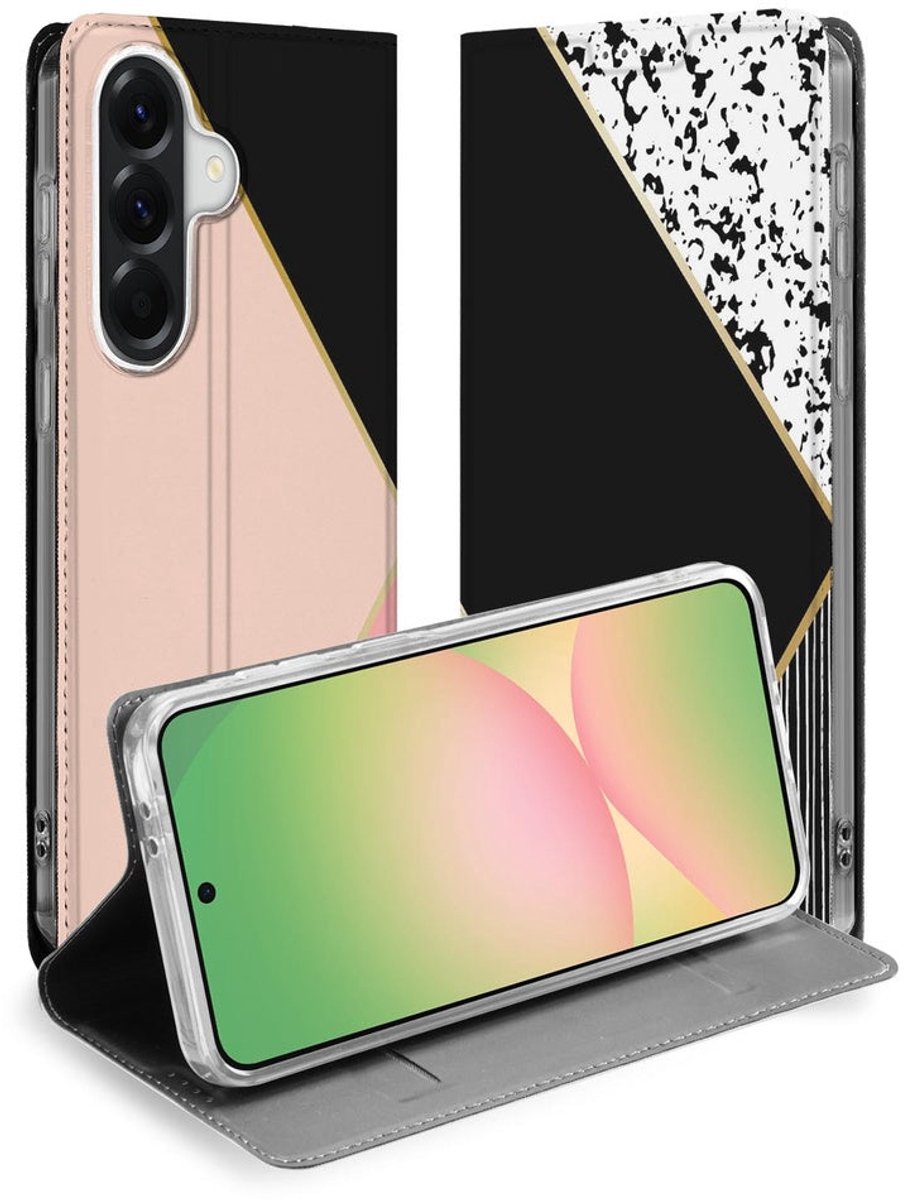 Samsung Galaxy A57 Book Wallet Case Black Pink Shapes