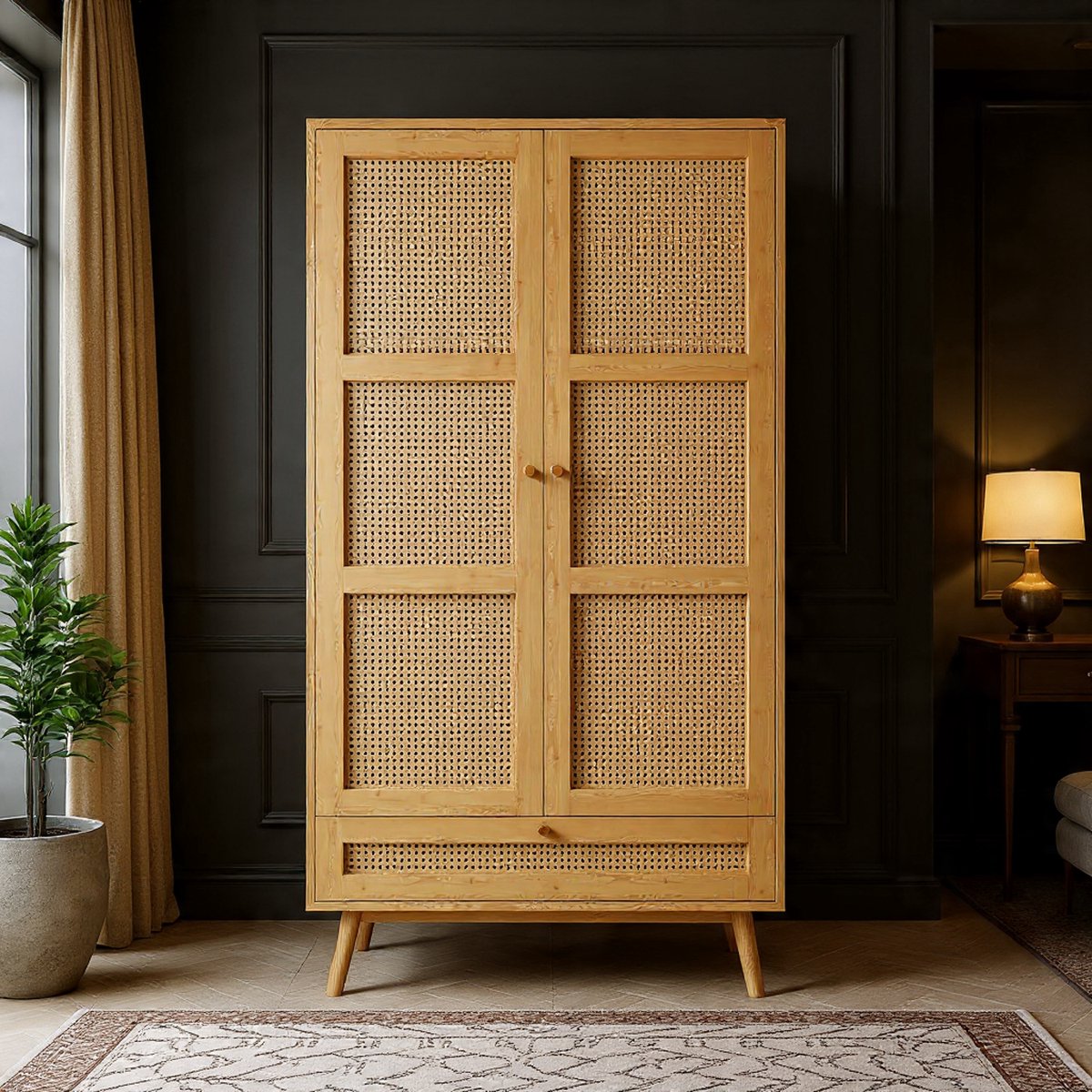 Naturel Rotan Kledingkast 2-Deurs met Hangstang en Extra Opbergruimte – Slaapkamer & Woonkamer – Duurzaam Spaanplaat + PE-Rotan – Flip-Top Onderkast voor Schoenen en Accessoires - House&Garden