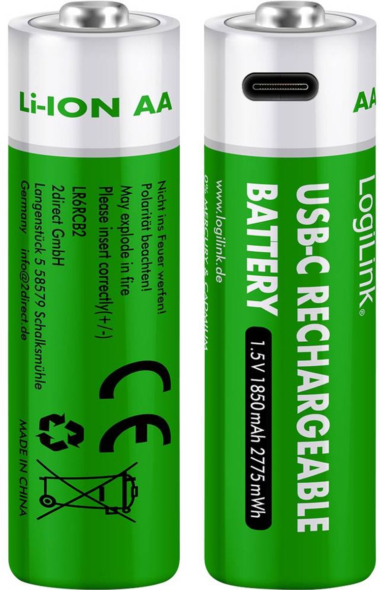 LogiLink LR6RCB2 Oplaadbare AA batterij (penlite) Li-ion 1850 mAh 1.5 V 2 stuk(s)