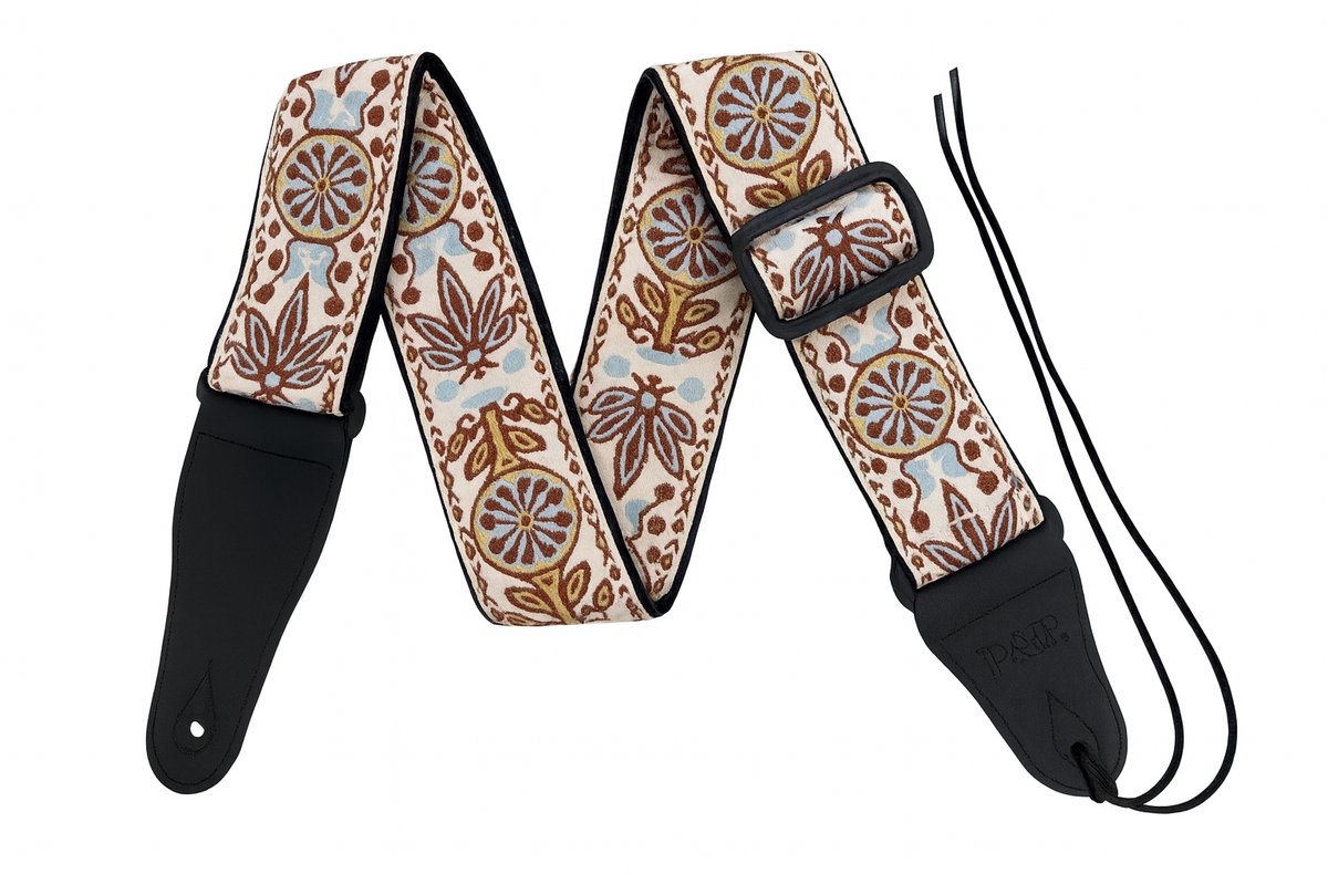 P&P® - Professionele Verstelbare Stevige Gitaarband - Guitar strap Band - Luxe Gitaarriem - Bas/Elektrische /Akoestische/ Klassieke Gitaar - Geborduurd Wit-Geel