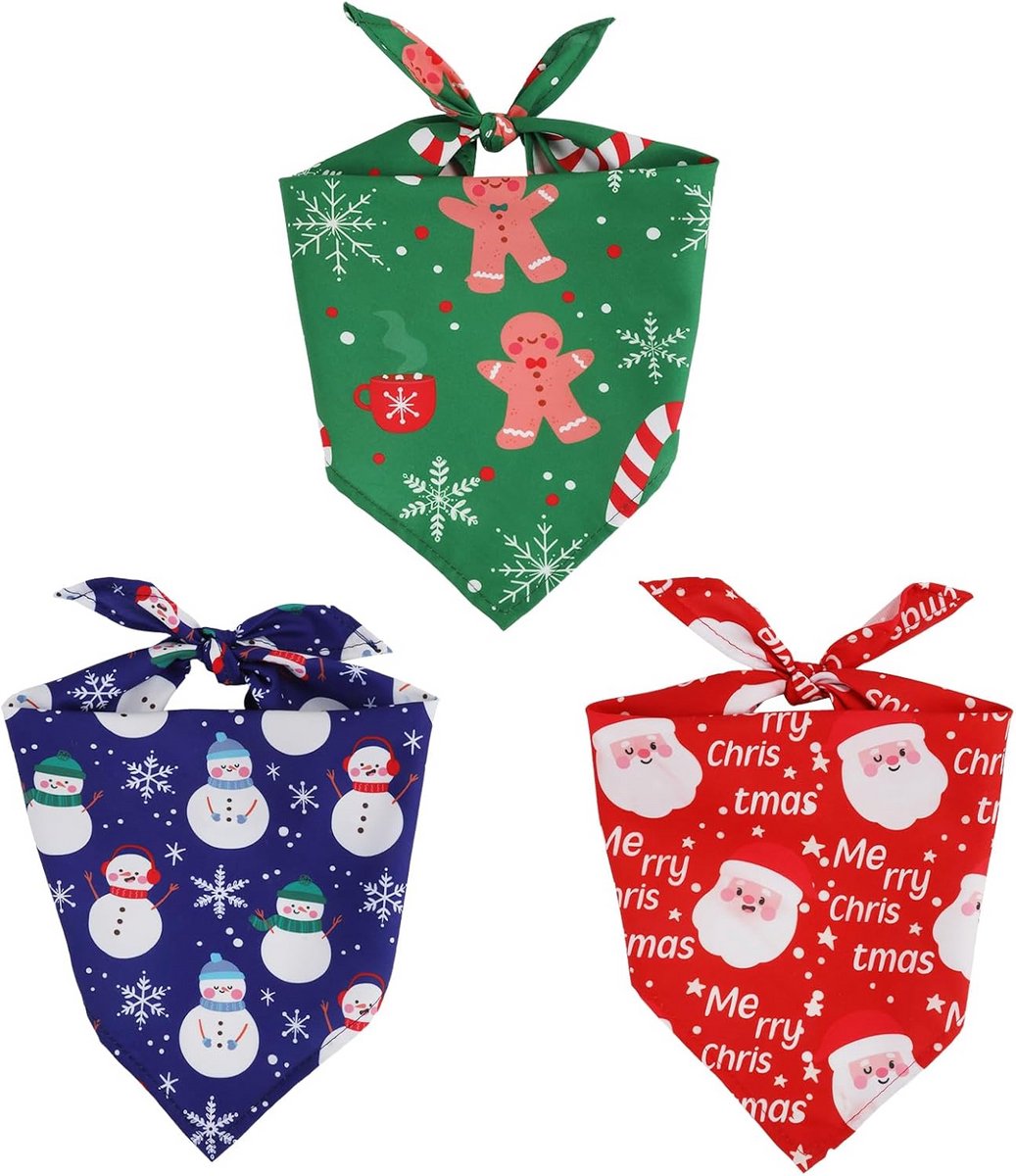 Kerst Bandana voor Hond en Kat - Set van 3 - Verstelbaar - Hoogwaardige Stof - 70x48 cm - Sneeuwpop, Kerstman, Zuurstok
