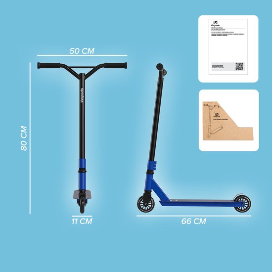 Afmetingen van een blauwe stuntstep: stuur 50cm, hoogte 80cm, breedte 11cm, lengte 66cm. Met handleiding.