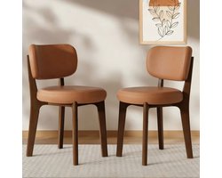 Set van 2 stoelen - Stoelen - Kantoor - Eetkamerstoel - Binnen - Kattenbestendig leer - Hout poten - Bruine poten + oranje leer
