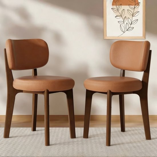 Ensemble de 2 chaises - Chaises - Bureau - Chaise de salle à manger - Intérieur - Cuir résistant aux griffes de chat - Pieds en bois - Pieds bruns + cuir orange