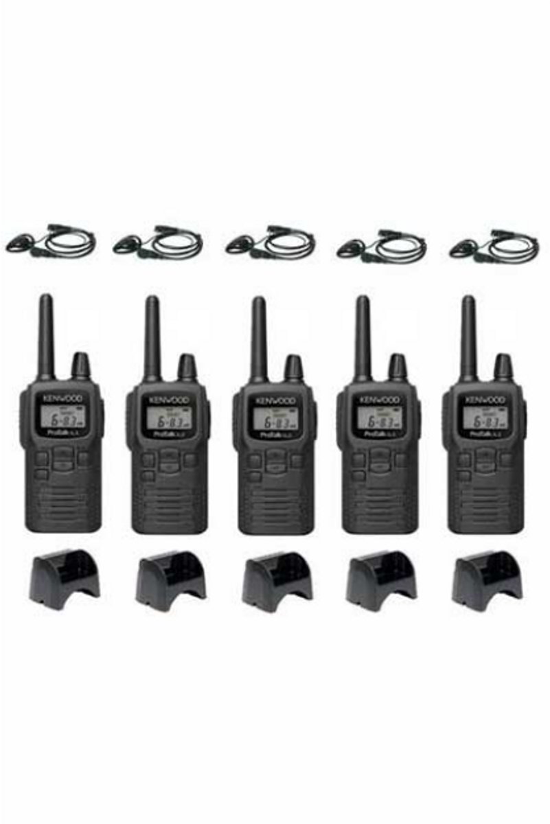 Set van 5 Kenwood PKT-300 ProTalk XLS IP52 PMR446 mini portofoons en D-shape oortje