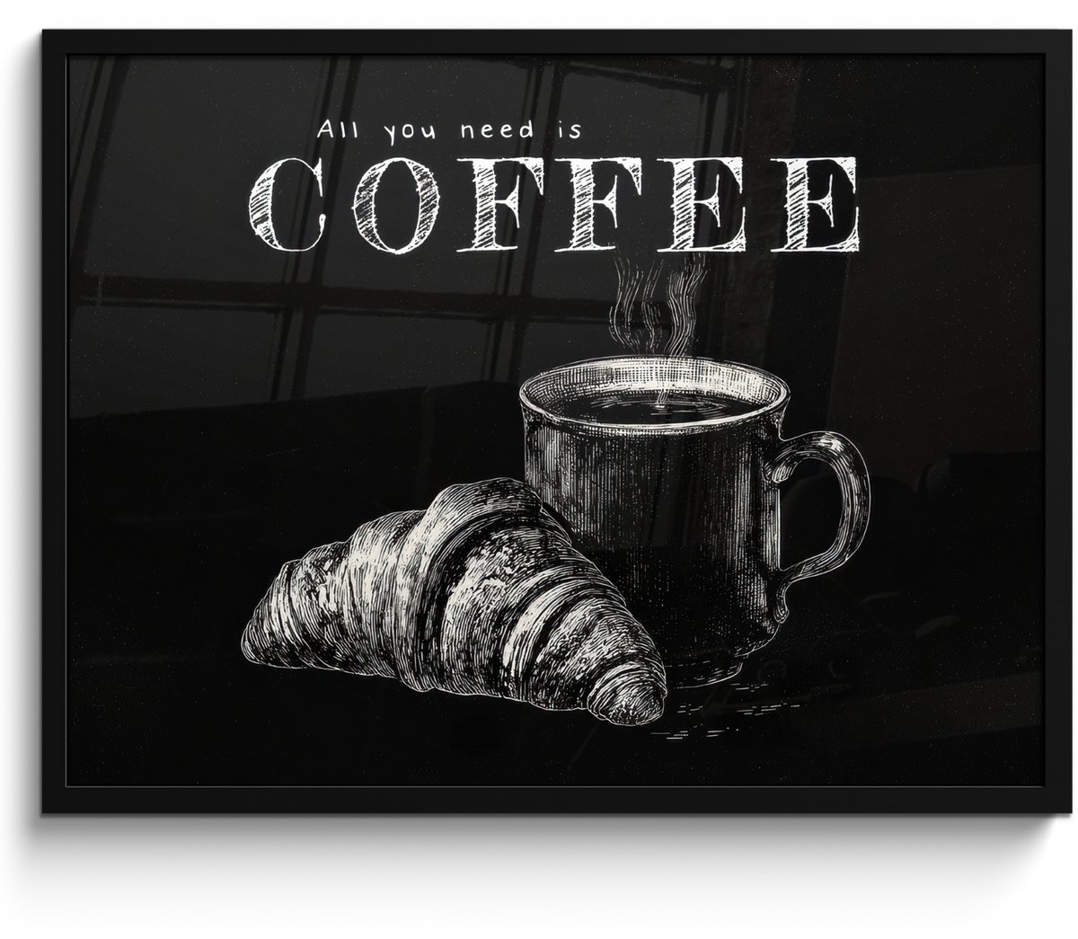 FrameYourWall Poster in lijst - Fotolijst 70x50 cm - Posters - Koffie - Croissant - Tekst - Posterlijst zwart - Decoratie - Wanddecoratie woonkamer - Muurdecoratie slaapkamer