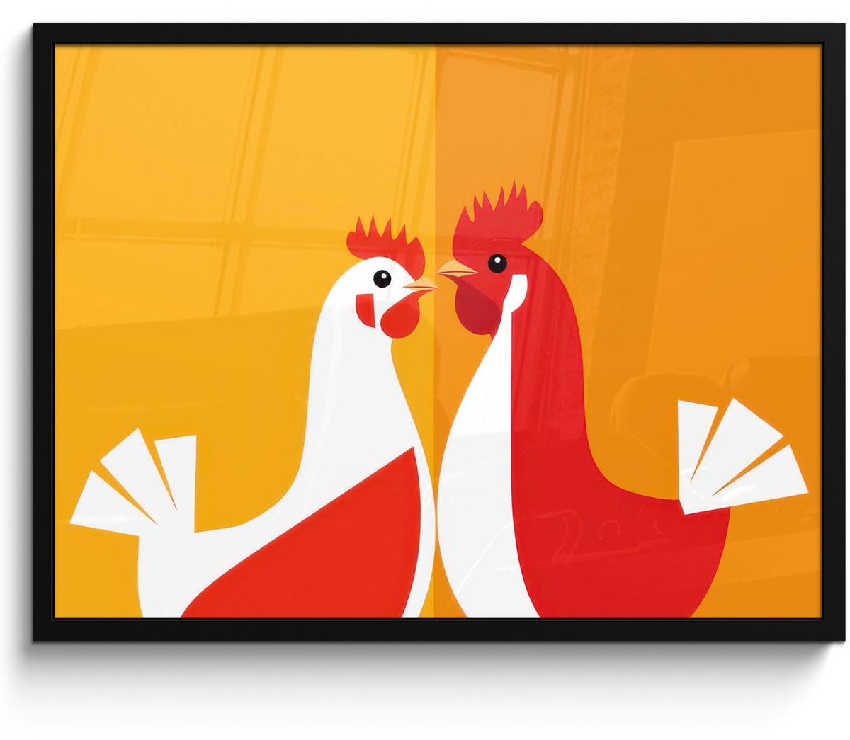 FrameYourWall Poster in lijst - Fotolijst 70x50 cm - Posters - Kippen - Oranje - Vlakken - Posterlijst zwart - Decoratie - Wanddecoratie woonkamer - Muurdecoratie slaapkamer