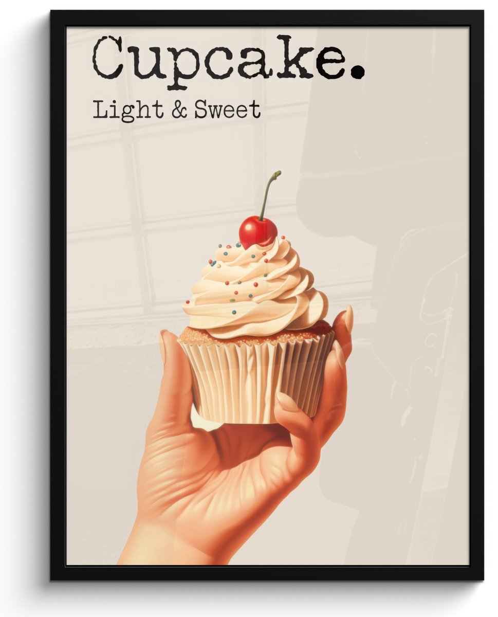 FrameYourWall Poster in lijst - Fotolijst 50x70 cm - Posters - Cupcake - Zoet - Kers - Posterlijst zwart - Decoratie - Wanddecoratie woonkamer - Muurdecoratie slaapkamer Cupcake - Tekst