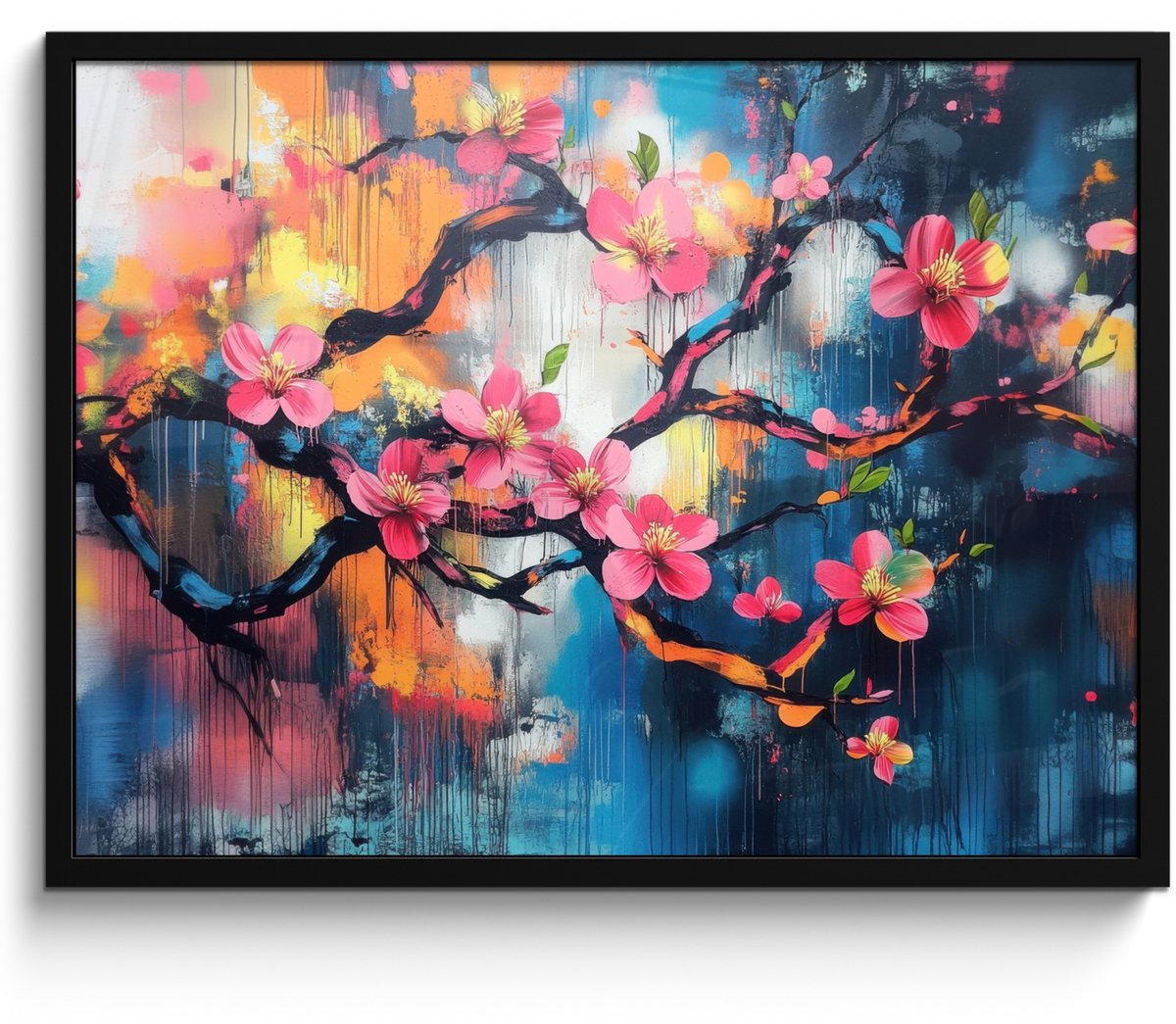 FrameYourWall Poster in lijst - Fotolijst 70x50 cm - Posters - Bloemen - Tak - Artistiek - Roze - Posterlijst zwart - Decoratie - Wanddecoratie woonkamer - Muurdecoratie slaapkamer